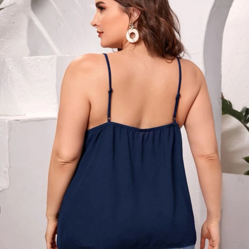 Lace v neck cami tank top navy blue Boho minimalist business casual - Picture 2 of 9